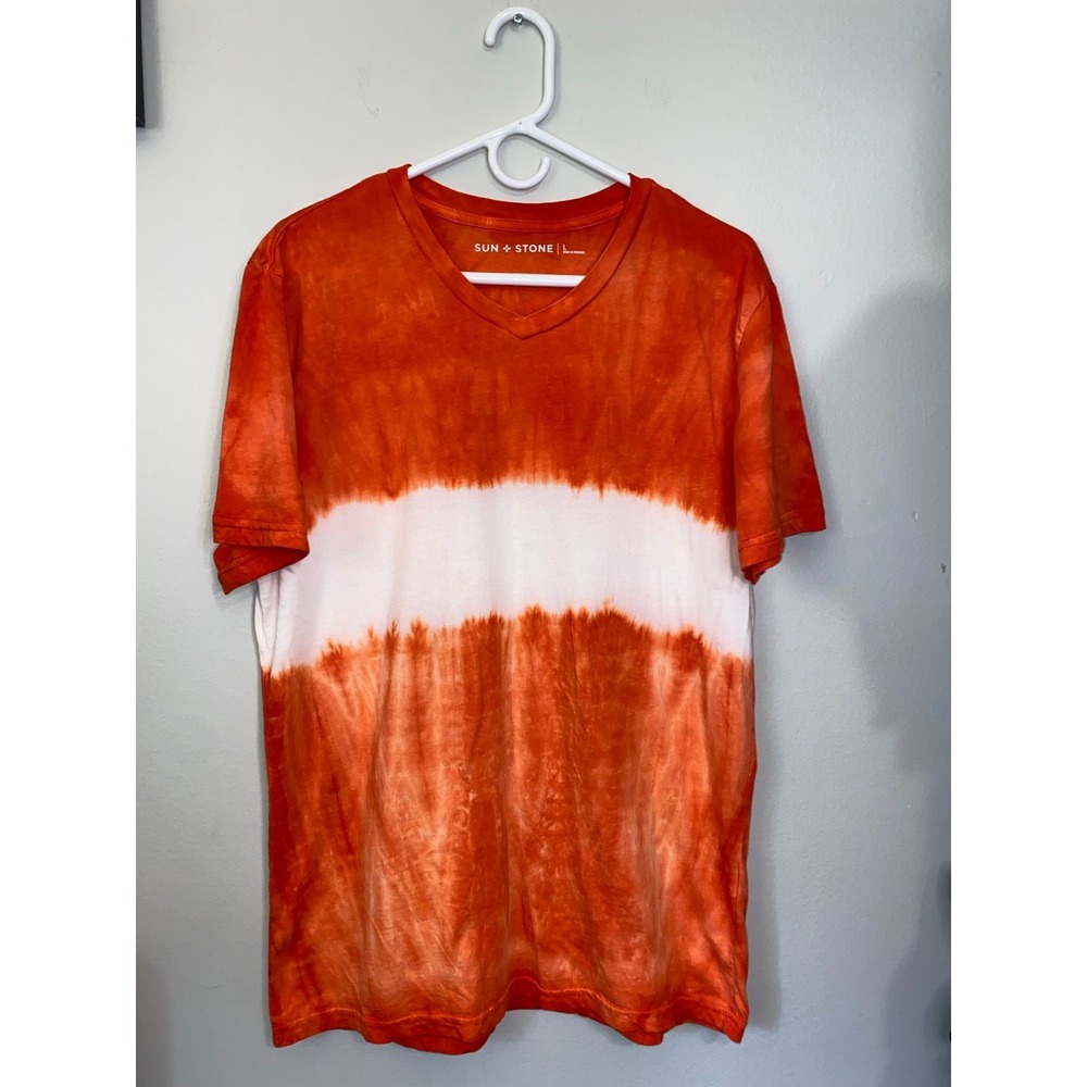 SUN STONE TIE DYED CRIMSON CLAY ORANGE WHITE‎ L VNECK TEE TSHIRT MENS